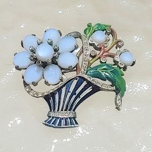 ART DECO FLOWER BASKET BROOCH PIN ENAMEL MOONSTONE